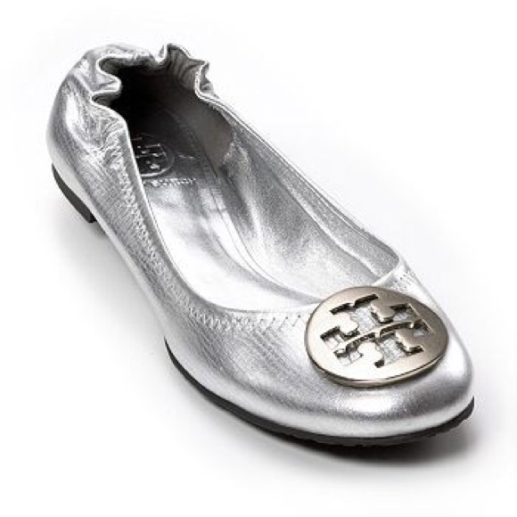 Tory Burch Reva Logo Silver Leather Ballet Flat